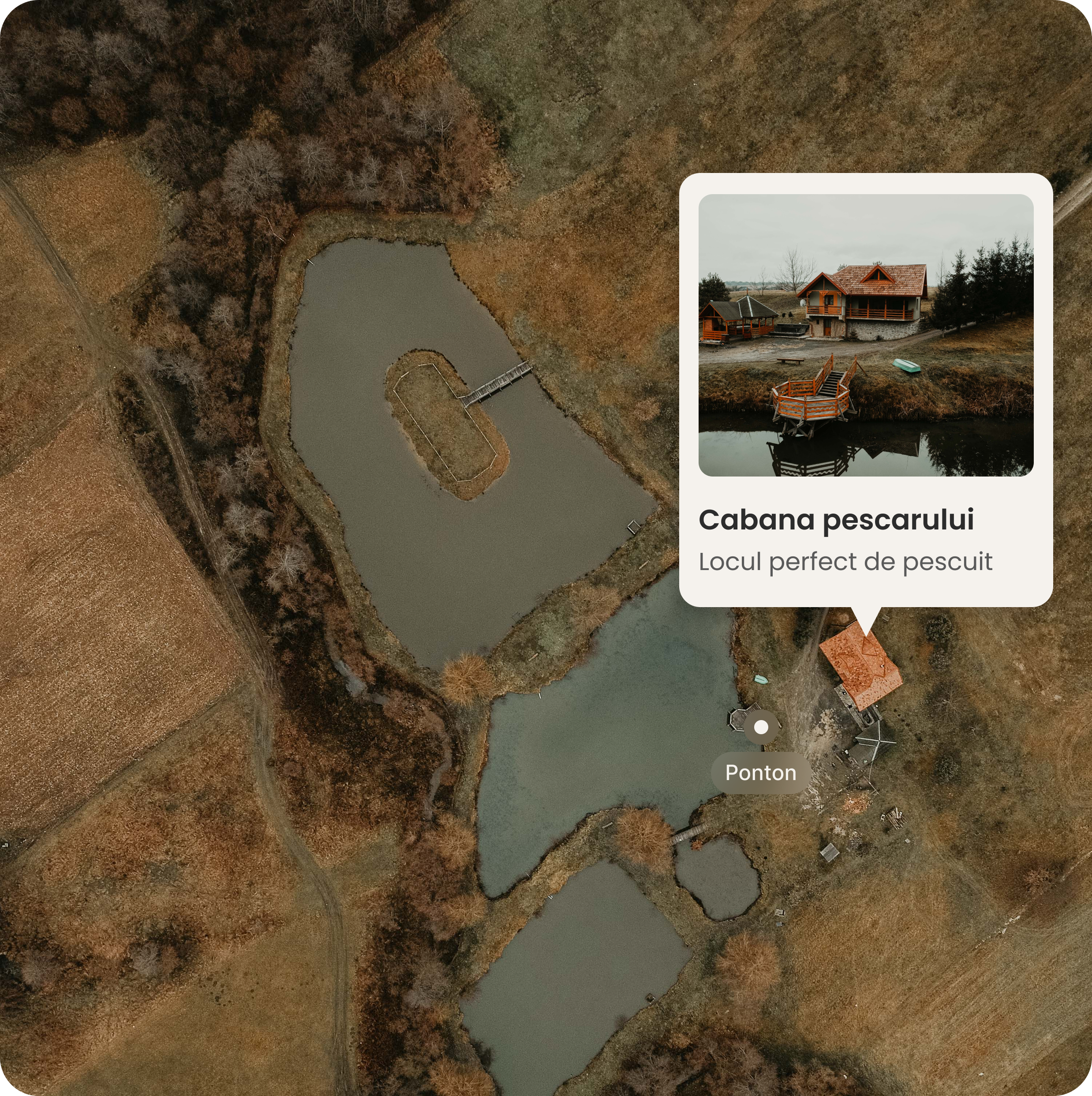 Aerial view of cabin and ponds